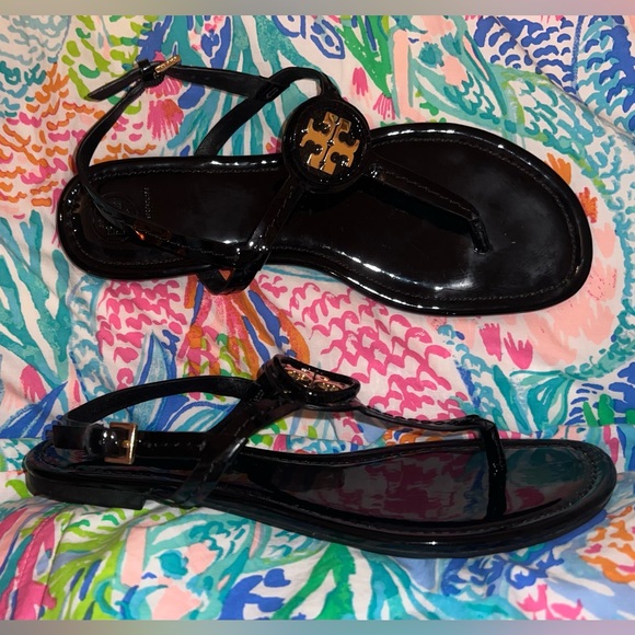 Tory Burch Black Leather T-Strap Sandals